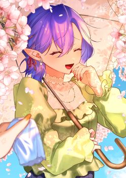 Rule 34 | 2girls, absurdres, alternate costume, anger vein, angry, blue sky, breasts, cherry blossoms, closed eyes, collarbone, commentary request, day, earrings, falling petals, fangs, fingernails, flandre scarlet, flower, green shirt, hair between eyes, handkerchief, highres, holding, holding handkerchief, holding umbrella, jewelry, kodouirasto, long fingernails, long sleeves, medium breasts, missing headwear, missing wings, multiple girls, necklace, open mouth, parasol, petals, pink flower, pink nails, pink petals, pointy ears, purple hair, red nails, remilia scarlet, shirt, siblings, sisters, sky, smile, solo focus, touhou, umbrella