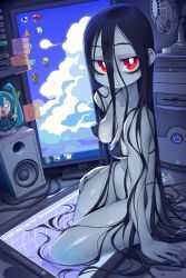 1girl artist_name bikini black_bikini black_hair black_nails breasts bright_pupils closed_mouth cloud commentary computer electric_fan english_commentary figure floppy_disk hatsune_miku highres krokobyaka long_hair medium_breasts microsoft_windows monitor pale_skin red_eyes russian_text shiny_skin sitting solo speaker sticky_note string_bikini swimsuit tablet_pc the_ring translated vertical_monitor vocaloid warcraft wet white_pupils windows_7 world_of_warcraft yamamura_sadako