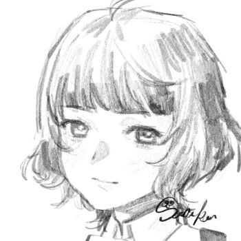 1girl ahoge collared_shirt commentary_request graphite_(medium) kantai_collection kishinami_(kancolle) looking_at_viewer sabakanbasupisu shirt short_hair signature solo traditional_media