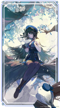 1girl absurdres bare_shoulders beret black_eyes black_gloves black_hair black_pantyhose black_skirt blue_hat breasts closed_mouth commentary copyright_notice english_commentary full_body gloves hat high-waist_skirt highres in_tree long_hair medium_breasts official_art pantyhose qinghejunzi second-party_source single_glove sitting skirt smile solo tacet_mark_(wuthering_waves) tree very_long_hair wuthering_waves yangyang_(bird)_(wuthering_waves) yangyang_(wuthering_waves)