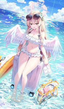 Rule 34 | 1girl, absurdres, anklet, arm support, bag, bare arms, bare legs, bare shoulders, barefoot, beach, bikini, blonde hair, blue archive, blue sky, blush, bottle, breasts, cleavage, cloud, collarbone, commentary request, cosplay, crossed bangs, cup, day, feathered wings, feet, flower, frilled bikini, frills, furrowed brow, hair between eyes, hair flower, hair intakes, hair ornament, halo, hifumi (blue archive), hifumi (blue archive) (cosplay), hifumi (swimsuit) (blue archive), highres, holding, holding sandals, jewelry, lens flare, long hair, looking at viewer, medium breasts, nagisa (blue archive), natie, navel, ocean, open mouth, pastry box, peroro (blue archive), pink halo, ribbon-trimmed bikini, ribbon trim, rolling suitcase, sandals, see-through bag, shallow water, sidelocks, sitting, sky, soaking feet, solo, stomach, suitcase, sunlight, swimsuit, thermos, toes, unworn sandals, very long hair, water, wet, white bikini, white sandals, white wings, wings, yellow eyes
