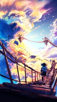 1girl bag black_hair cloud from_behind highres original outdoors road_sign sanmen_(threeface_il) scenery school_uniform serafuku short_sleeves sign skirt sky solo stairs walking