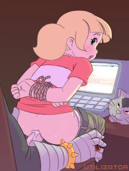 1980s_(style) 1boy 1girl 4chan age_difference anal arms_behind_back artist_name ass bdsm belt black_shirt blonde_hair blunt_bangs blush bondage bound bound_arms bracelet cat chair clothed_sex clothes_pull computer cum cum_in_ass desk dic_entertainment doctor_claw flat_chest gauntlets girl_on_top gloves green_eyes green_pants hetero indoors inspector_gadget jewelry loli looking_back multitasking oldschool open_mouth panties pants pants_pull panty_pull penis penny_(inspector_gadget) rape red_shirt restrained retro_artstyle ring rope sex shirt simple_background sitting sitting_on_lap sitting_on_person spiked_bracelet spikes t-shirt twintails uncensored underwear utilizator