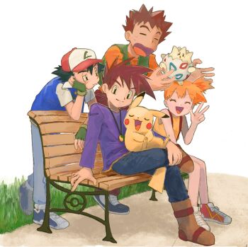 1girl 3boys :d ash_ketchum asymmetrical_hair baseball_cap bench black_hair blue_jacket boots brock_(pokemon) brown_hair child closed_eyes closed_mouth creature crossed_legs denim fingerless_gloves gary_oak gen_1_pokemon gen_2_pokemon gloves grass green_eyes green_gloves green_vest hat highres holding holding_creature holding_pokemon jacket jeans jewelry long_sleeves misty_(pokemon) multiple_boys necklace nintendo on_head on_lap open_mouth orange_hair orange_shirt pants pikachu pokemon pokemon_(anime) pokemon_(classic_anime) pokemon_(creature) ponytail purple_shirt shirt shoes short_hair short_sleeves shorts side_ponytail simple_background sitting sleeveless smile sneakers suspenders sweat sweatdrop togepi umebosibakari2 v vest w white_background