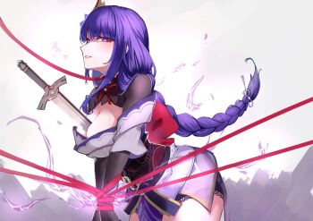 1girl back_bow bdsm bent_over blunt_bangs blush bondage bound bow braid breasts bridal_gauntlets cleavage commentary drawing_sword electricity genshin_impact hair_ornament hair_ribbon holding holding_sword holding_weapon human_scabbard japanese_clothes kimono large_breasts leaning_forward lingerie long_braid manchengdoushiyaolanmi neck_ribbon off_shoulder parted_lips purple_eyes purple_hair purple_kimono purple_ribbon raiden_shogun red_ribbon red_sash restrained ribbon sash sheath single_braid solo sword sword_between_breasts thighs underwear weapon