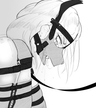 all_fours anal_beads anal_tail bdsm bitchsuit bondage bondage_mittens bone bound bound_arms bound_legs butt_plug collar commentary_request drooling fake_tail feet gag gagged highres human_dog leash monochrome muzzle_(mask) original pet_play restrained ring_gag saliva sex_toy slave tail