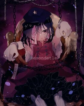 1girl black_eyes black_hair black_skirt chain chinese_clothes commentary_request cowboy_shot fingernails frilled_skirt frills gauze gauze_on_cheek hat hat_ornament jiangshi looking_at_viewer miyako_yoshika newsboy_cap ofuda ofuda_over_one_eye one-hour_drawing_challenge open_mouth outstretched_arms pantyhose purple_background purple_hat red_shirt shinjitsu_no_kuchi shirt short_hair skirt sleeveless sleeveless_shirt solo star_(symbol) star_hat_ornament stitches tangzhuang touhou white_pantyhose zombie_pose