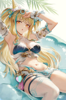 1girl armpits arms_up bare_shoulders bikini blonde_hair blue_bikini breasts cleavage commentary_request hair_ornament halterneck highres honkai_(series) honkai_impact_3rd large_breasts long_hair looking_at_viewer maoh_yueer navel official_alternate_costume open_mouth red_pupils sitting solo songque songque_(whitewave_topper) stomach swimsuit thighs very_long_hair wrist_cuffs yellow_eyes