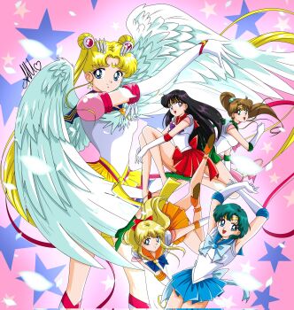 5girls aino_minako anello81 angel_wings back_bow bishoujo_senshi_sailor_moon bishoujo_senshi_sailor_moon_stars black_hair blonde_hair blue_choker blue_eyes blue_hair blue_sailor_collar blue_skirt bow brooch brown_hair choker crescent crescent_earrings crescent_facial_mark double_bun earrings elbow_gloves eternal_moon_article eternal_sailor_moon facial_mark forehead_mark garnet_rod gloves green_choker green_eyes green_sailor_collar hair_bobbles hair_bow hair_bun hair_ornament heart heart_brooch heart_hair_bun highres hino_rei jewelry kino_makoto layered_skirt long_hair magical_girl mizuno_ami multiple_girls orange_choker orange_sailor_collar orange_skirt ponytail purple_eyes red_bow red_choker red_sailor_collar red_skirt sailor_collar sailor_jupiter sailor_mars sailor_mercury sailor_moon sailor_senshi sailor_senshi_uniform sailor_venus short_hair skirt smile star_(symbol) star_choker super_sailor_jupiter super_sailor_mars super_sailor_mercury super_sailor_venus tsukino_usagi twintails very_long_hair white_gloves wing_brooch wings