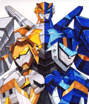 aerialbot assault_visor beni_(nikaidera) blue_visor colored_sclera goggles goggles_on_head helmet highres jetfire jetstorm mecha no_humans orange_sclera robot safeguard_(transformers) science_fiction siblings transformers transformers_animated twins wings