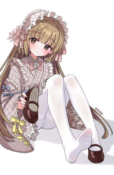 1girl blush bonnet brown_eyes brown_hair brown_shoes closed_mouth commentary eluthel feet frills highres holding holding_shoes holding_unworn_clothes idolmaster idolmaster_cinderella_girls knees_up long_hair long_sleeves looking_at_viewer mary_janes panties panties_under_pantyhose pantyhose shoes signature simple_background single_shoe sitting smile solo thighband_pantyhose twitter_username underwear unworn_shoes white_background white_bonnet white_pantyhose yorita_yoshino