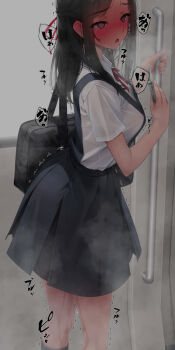 1girl bag bdsm black_eyes black_hair black_skirt blush bondage bound breasts cellphone dildo flower full-face_blush hair_flower hair_ornament hair_ribbon highres holding holding_phone long_hair medium_breasts murakami_suigun object_insertion open_mouth original pee peeing peeing_self phone public_indecency public_vibrator rabbit_vibrator ribbon school_bag school_uniform selfie sex_toy shibari shibari_under_clothes shirt short_sleeves skirt smartphone solo standing sweat tears train train_interior translation_request vaginal vaginal_object_insertion vibrator white_shirt