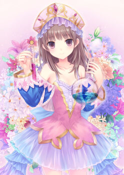 1girl atelier_(series) atelier_totori bare_shoulders blush brown_hair collarbone corsage cowboy_shot erlenmeyer_flask female_focus flask flower hat highres holding long_hair long_sleeves n.g. off_shoulder purple_eyes round-bottom_flask see-through_clothes skirt smile solo sparkle test_tube totooria_helmold