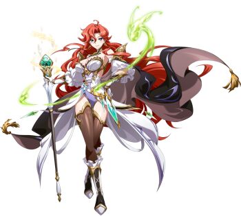 1girl arm_guards armor belt black_boots black_cape bolo_tie boots breasts brooch brown_thighhighs cape celica_(langrisser) cleavage closed_mouth crossed_legs crystal curtained_hair detached_sleeves earrings energy floating_cape floating_clothes floating_hair frilled_boots frills full_body game_cg gem gloves gold_earrings green_gemstone holding holding_staff holding_weapon jewelry knee_boots langrisser langrisser_mobile large_breasts leotard long_hair long_sidelocks looking_at_viewer mage_staff magic multicolored_boots official_art puffy_sleeves purple_leotard red_hair rerebrace sidelocks simple_background smile solo staff standing tachi-e tassel thighhighs third-party_source transparent_background two-tone_cape vambraces very_long_hair vial waist_cape weapon white_boots white_gloves wide_sleeves