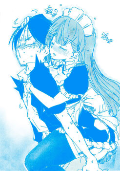 1boy 1girl apron arai_kazuki ass blush bokutachi_wa_benkyou_ga_dekinai breasts butt_crack carrying cleavage closed_eyes collarbone garter_straps glasses hand_on_another's_head highres hug hug_from_behind kirisu_mafuyu large_breasts long_hair maid maid_headdress monochrome piggyback short_hair short_sleeves skirt thighhighs yuiga_nariyuki