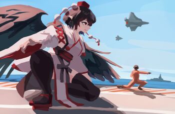 Rule 34 | 1girl, 1other, aircraft, airplane, ametonalu, bird wings, black thighhighs, blue sky, brown wings, commentary request, day, detached sleeves, fang, fighter jet, geta, hat, highres, japanese clothes, kimono, kourindou tengu costume, military vehicle, obi, ocean, official alternate costume, on one knee, outdoors, pelvic curtain, pom pom (clothes), red hat, red sash, sash, shadow, shameimaru aya, ship, side slit, skin fang, sky, solo focus, tengu-geta, thighhighs, tokin hat, touhou, watercraft, white kimono, wide sleeves, wings