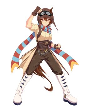 Rule 34 | 1girl, agnes flight (racehorse), animal ears, arm up, aviator cap, aviator goggles, belt, blue scarf, boots, brown belt, brown hair, brown hat, brown pants, brown shirt, clenched hands, commentary, english commentary, fingerless gloves, full body, gloves, goggles, goggles on headwear, grin, hair between eyes, hat, highres, horse ears, horse girl, horse tail, knee boots, knew nothing, looking at viewer, original, pants, red eyes, red scarf, scarf, shirt, short hair, short sleeves, simple background, smile, solo, standing, striped clothes, striped scarf, tail, umamusume, v-shaped eyebrows, white background, white boots