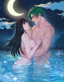 1boy 1girl ass astrid_(fire_emblem) black_hair breasts cloud commission commissioner_upload completely_nude crescent_moon fire_emblem fire_emblem:_radiant_dawn hand_on_another&#039;s_chest hand_on_another&#039;s_chin highres large_breasts looking_at_another moon night nintendo non-web_source nude ocean outdoors partially_submerged rani_ki ripples smile sothe_(fire_emblem) standing vgen_commission water