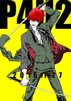 Rule 34 | 1boy, arm behind head, arm out of sleeve, arm up, blue eyes, buttoned cuffs, buttons, coat, collarbone, dated, dual wielding, green coat, green pants, green vest, holding, holding sword, holding weapon, houndstooth, jewelry, katana, layered clothes, long sleeves, looking at viewer, male focus, minazuki sho, multicolored coat, necklace, open clothes, open mouth, open shirt, pants, patterned clothing, persona, persona 4, persona 4: the ultimate in mayonaka arena, persona 4: the ultimax ultra suplex hold, red hair, saitou rokuro, scar, scar on face, sleeve cuffs, solo, sword, teeth, two-tone coat, vest, weapon