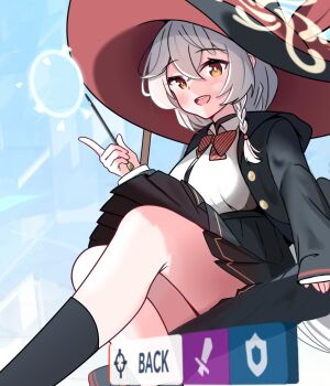 ankle_socks blue_archive bow bowtie braid eri_(blue_archive) gameplay_mechanics halo hat highres jacket legs long_coat long_hair looking_at_viewer maidyuuka orange_eyes riding shirt sitting skirt socks sweater thighs user_interface wand white_hair witch_hat