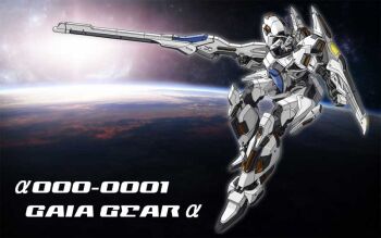 ayakaze_satsuki beam_rifle character_name earth_(planet) energy_gun gaia_gear gaia_gear_alpha gun gundam holding holding_gun holding_weapon man_machine mecha mecha_focus no_humans planet red_eyes robot science_fiction solo space weapon