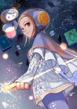 1girl absurdres blonde_hair book braid braided_bangs capelet character_doll commentary constellation cowboy_shot doll dress escoffion highres ingrid_(capcom) looking_at_viewer momo_juice monoid_(street_fighter) pantyhose purple_capelet purple_pantyhose red_eyes sidelocks sky smile solo star_(sky) starry_sky street_fighter street_fighter_6 white_dress