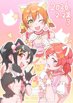 Rule 34 | 3girls, ;3, ;d, \m/, absurdres, animal ears, black gloves, black hair, blush, bow, bracelet, cat day, cat ears, collar, commentary request, crop top, dated, gloves, gradient background, hair bow, hand on own cheek, hand on own face, hands up, happy, heart, highres, hoshizora rin, inazuma (elect line), initial, jewelry, looking at viewer, looking to the side, love live!, love live! school idol project, multiple girls, nico nico nii, nishikino maki, one eye closed, open mouth, orange hair, outline, paw pose, purple eyes, red eyes, red hair, shirt, short hair, short twintails, shy, simple background, skirt, sleeveless, sleeveless shirt, smile, star (symbol), stomach, teeth, twintails, upper teeth only, watermark, white gloves, white outline, yazawa nico, yellow eyes