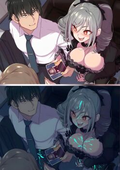 1boy 1girl 1other 2girls 2koma aftersex belt black_eyes black_hair black_legwear blush breasts brown_hair business_suit cleavage comic commentary_request cum cum_on_body cum_on_breasts cum_on_hands cum_on_upper_body downblouse dress drill_hair facial formal_clothes frills glowing grey_hair highres idolmaster idolmaster_cinderella_girls implied_after_sex implied_sex kanzaki_ranko large_breasts long_hair morino_shoutarou multiple_girls nail_polish nails necktie open_mouth orange_nails photo_(object) producer_(idolmaster) producer_(idolmaster_cinderella_girls_anime) red_eyes smile stain star-shaped_pupils star_(symbol) suit sweatdrop symbol-shaped_pupils teeth third-party_edit tie_clip tsurime twin_drills twintails ultraviolet_light