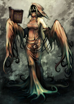 1girl akakatta book breasts cloak dark faceless faceless_female fantasy female_focus full_body glowing glowing_eyes gradient_background holding holding_book hood long_hair long_sleeves magic robe shaded_face shadow solo standing tendrils witch