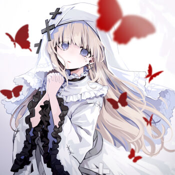 1girl blonde_hair bug butterfly commentary_request cowboy_shot cross cross_earrings crying crying_with_eyes_open dress earrings frilled_dress frilled_sleeves frills hands_up highres hikami_meruru insect interlocked_fingers jewelry long_hair long_sleeves looking_at_viewer magical_girl mahou_shoujo_no_majo_saiban open_mouth own_hands_together purple_eyes red_butterfly shion_(yuyu3113) solo standing tears veil white_background white_dress white_veil