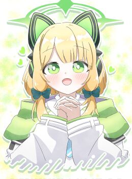 1girl :d animal_ear_headphones animal_ears blonde_hair blue_archive blue_necktie blush bow bright_pupils cat_ear_headphones cat_ears commentary cropped_torso fake_animal_ears green_background green_bow green_eyes green_halo green_jacket hair_bow halo headphones heart highres hood hooded_jacket interlocked_fingers jacket long_sleeves looking_at_viewer low-tied_sidelocks midori_(blue_archive) multicolored_jacket necktie open_mouth own_hands_together parted_bangs reiremi shirt short_hair sidelocks smile solo straight-on upper_body white_background white_jacket white_pupils white_shirt