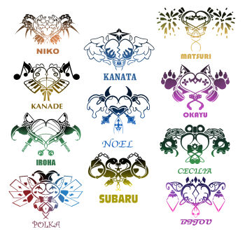 amane_kanata angel_wings animal_ear_fluff animal_ears animal_hands cat_ears cat_paws cecilia_immergreen collar cuffs fox_ears gears handcuffs hat headphones heart highres hololive hololive_dev_is hololive_english horns house_of_cards jester_cap katana kazama_iroha koganei_niko koseki_bijou mace musical_note natsuiro_matsuri nekomata_okayu no_humans omaru_polka oozora_subaru otonose_kanade piano_keys pubic_tattoo ribbon rlus shirogane_noel simple_background sword tattoo treble_clef virtual_youtuber weapon white_background winding_key wings