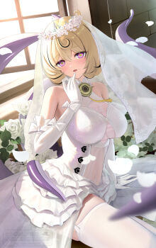 1girl alternate_costume arm_support bare_shoulders blonde_hair blurry blurry_foreground breasts bridal_veil collarbone commentary covered_navel cowlick dress elbow_gloves english_commentary falling_petals flower garter_straps gloves hair_flower hair_ornament highres indoors large_breasts looking_at_viewer mole mole_under_mouth open_mouth petals purple_eyes short_hair solo tentacle_girl tentacle_tail tentacles thighhighs torjun_111 veil wedding_dress white_dress white_flower white_gloves white_thighhighs white_tiara white_veil window yidhari_murphy zenless_zone_zero