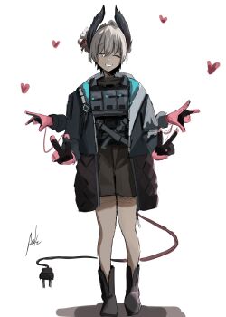 1girl ;d absurdres arknights axledrawing black_boots black_coat black_gloves boots coat commentary_request dark-skinned_female dark_skin double_v double_w electric_plug full_body gloves grey_eyes grey_hair heart highres knee_boots long_sleeves one_eye_closed open_clothes open_coat open_mouth partial_commentary pink_gloves raidian_(arknights) short_hair signature simple_background sketch smile solo standing v w white_background