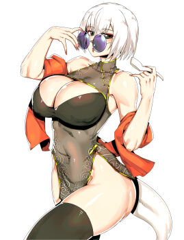 1girl absurdres bare_shoulders black_thighhighs blush breasts china_dress chinese_clothes cleavage cleavage_cutout clothing_cutout commentary covered_navel dress english_commentary eyeliner gold_trim grey_dress grey_eyes highres large_breasts lizard_tail looking_at_viewer makeup minew open_mouth original pelvic_curtain round_eyewear shawl short_hair solo spoon sunglasses tail thighhighs thighs white_hair