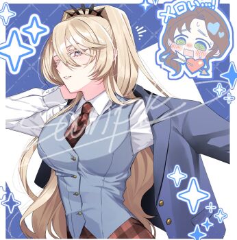 2girls blazer blonde_hair blue_eyes blush breasts brown_hair genkai_ol-san_wa_akuyaku_reijou-sama_ni_tsukaetai hair_ornament jacket lapis_tenebrae long_hair long_sleeves looking_at_viewer multiple_girls natori_midori open_mouth pleated_skirt sample_watermark school_uniform shinonome_neko-tarou shirt skirt watermark white_shirt yuri
