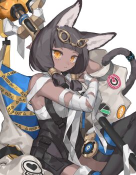 1girl animal_ears arknights arm_wrap bandaged_arm bandages black_hair black_thighhighs blunt_bangs cat_ears cat_girl cat_tail dark-skinned_female dark_skin eyewear_on_head hashtag-only_commentary highres holding holding_staff infection_monitor_(arknights) jixing looking_at_viewer low_twintails orange_eyes shirt shorts simple_background sitting solo staff tail thighhighs titi_(arknights) twintails white_background yellow_eyes