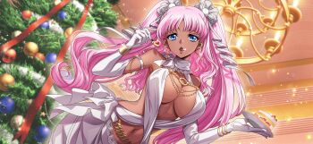 1girl bare_shoulders blue_eyes breasts cake catherine_sabathra christmas_tree code_geass code_geass:_dakkan_no_roze code_geass:_lost_stories dark-skinned_female dark_skin earrings elbow_gloves f4samurai food game_cg gloves highres holding holding_cake holding_food jewelry large_breasts long_hair official_art open_mouth pink_hair solo twintails white_gloves