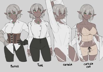 1girl absurdres black_pants blush breasts cleavage closed_mouth collarbone collared_shirt corset curtain_call_challenge_(meme) dark-skinned_female dark_elf dark_skin elf green_eyes grey_hair hands_on_own_hips highres jewelry large_breasts long_sleeves looking_at_viewer mawaridi meme navel necklace original pants parted_lips pointy_ears shirt short_hair smile white_shirt yvonne_(mawaridi)