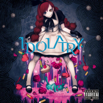 1girl abstract_background album_cover black_bow black_gloves black_hairband black_nails blue_eyes bow box braid brown_eyes cake cake_slice clothes_lift corset cover crayon cream fingerless_gloves flower food frilled_sleeves frills fruit gloves hairband hanji_(hansi) heart heart-shaped_box lace-trimmed_sleeves lace_trim liquid looking_at_viewer maid mary_janes nail_polish original pale_skin parental_advisory puffy_short_sleeves puffy_sleeves red_eyes red_hair rose shoes short_sleeves shorts skirt skirt_lift smile solo strawberry stuffed_toy suggestive_fluid swept_bangs twin_braids white_corset white_skirt