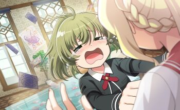 2girls =_= ahoge anna_mel artist_request black_dress black_jacket blonde_hair blush breast_pocket card chair clenched_hands collared_jacket crying daito_academy_school_uniform day dot_nose dress dutch_angle fingernails floating_card game_cg gold_buttons green_hair hands_on_another&#039;s_shoulders highres indoors jacket kamihama_university_affiliated_school_uniform layered_sleeves long_sleeves magia_record:_mahou_shoujo_madoka_magica_gaiden mahou_shoujo_madoka_magica mahou_shoujo_madoka_magica_magia_exedra multiple_girls nail_art nape_braid neck_ribbon official_art open_mouth plant pocket ponytail potted_plant red_ribbon red_sailor_collar ribbon sad sailor_collar school_uniform shirt short_hair short_over_long_sleeves short_sleeves solo_focus table tarot tarot_card teardrop tile_floor tiles togame_momoko white_shirt window