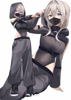 Rule 34 | 1girl, black leotard, black mask, black pants, black shoes, blue eyes, breasts, brown hair, chest harness, clothing cutout, commentary, covered navel, harness, hood, leotard, looking at viewer, mask, medium breasts, mouth mask, multiple views, original, pants, ry thae, shoes, shoulder cutout, simple background, solo, white background