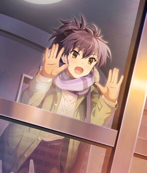 Rule 34 | 1girl, :d, against glass, against window, aran sweater, black pants, blush, brown eyes, brown gloves, building, buttons, cable knit, ceiling, cityscape, coat, dot nose, dutch angle, etou minato, from outside, game cg, gloves, green coat, hand on glass, hands up, high ponytail, hood, hooded coat, leaning forward, lens flare, long sleeves, looking outside, official art, open clothes, open coat, open mouth, pants, ponytail, purple hair, purple scarf, reflection, scarf, short hair, sidelocks, smile, solo, sweater, third-party source, tile ceiling, tiles, toji no miko, toji no miko: kizamishi issen no tomoshibi, unbuttoned, white sweater, window