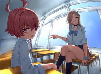 2girls ahoge asuna_(blue_archive) asuna_(school_uniform)_(blue_archive) black_choker black_skirt black_socks blonde_hair blue_archive blue_bow blue_eyes blue_ribbon blue_scrunchie bow braid brown_hair button_gap chair choker classroom crossed_legs desk eyeliner fangs fisheye from_side hair_ornament hair_over_one_eye hair_ribbon hair_tie hanpen_845 huge_ahoge long_hair makeup multiple_girls neru_(blue_archive) neru_(school_uniform)_(blue_archive) on_desk one_eye_covered open_mouth orange_hair red_eyes ribbon school_uniform scrunchie shirt short_hair side_braid sitting skirt smile socks straight_hair thighs v white_shirt wrist_scrunchie