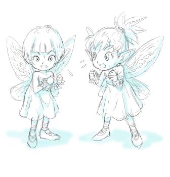 Rule 34 | 2girls, arm-twister, ballet slippers, blunt bangs, bracelet, clenched hands, commentary request, day-dreamer (dq1), dragon quest, dragon quest i, dress, earrings, fairy, fairy wings, flying sweatdrops, full body, greyscale, highres, jewelry, looking at another, looking at viewer, monochrome, multiple girls, murakami yumiko, nervous, open mouth, pointy ears, ponytail, short hair, sketch, spiked hair, strapless, strapless dress, stud earrings, sweatdrop, toriyama akira (style), white background, wings