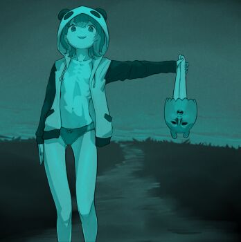 1girl animal_ears animal_hood blue_theme bow bow_panties breasts commentary_request hood hooded_jacket intruder_(no_i&#039;m_not_a_human) jacket long_sleeves miyako_(naotsugu) monochrome naked_jacket navel nijisanji no_i&#039;m_not_a_human no_pants no_shirt open_clothes open_jacket outdoors panda_ears panda_hood panties sasaki_saku small_breasts smile underwear virtual_youtuber