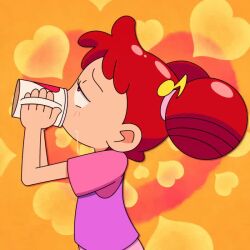 1girl age_difference animated blush breath cum cum_in_container cum_in_cup cum_in_mouth cum_on_tongue cup double_bun drinking female_focus flashfigure gokkun hair_bun hair_ornament hairclip harukaze_doremi loli looking_at_viewer ojamajo_doremi open_mouth pink_eyes red_hair sexually_suggestive shirt smile solo suggestive_fluid tongue tongue_out video