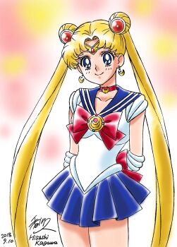 Rule 34 | 1girl, 2018, arms behind back, artist name, bishoujo senshi sailor moon, blonde hair, blue eyes, bow, choker, circlet, dated, double bun, earrings, elbow gloves, female focus, gloves, hair bun, highres, jewelry, kagawa hisashi, long hair, magical girl, red bow, sailor moon, sailor senshi uniform, school uniform, serafuku, signature, smile, solo, tsukino usagi, twintails, very long hair