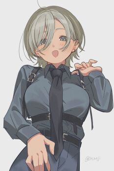 Rule 34 | 1girl, absurdres, belt, black necktie, black shirt, blush, chest harness, collared shirt, commentary, earrings, girls band cry, green eyes, green hair, grey background, harness, highres, jewelry, kuji (orca9ji), looking at viewer, necktie, open mouth, rupa (girls band cry), shirt, short hair, simple background, smile, solo, twitter username
