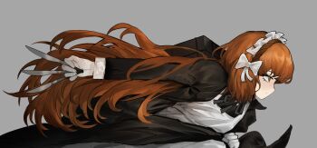 1girl anli_(jwcpp4sum0mgk5r) apron black_ribbon bow brown_hairband closed_mouth freckles grey_background hairband highres holding holding_knife ishmael_(project_moon) juliet_sleeves knife limbus_company long_hair long_sleeves maid maid_headdress neck_ribbon orange_eyes orange_hair project_moon puffy_sleeves ribbon sidelocks simple_background solo very_long_hair white_apron white_bow wuthering_heights_(identity)_(project_moon)